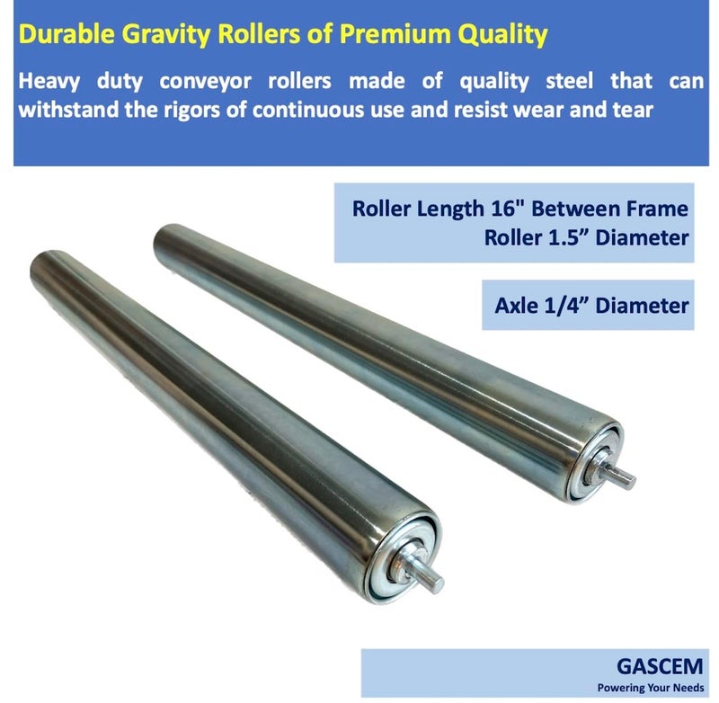 Gascem Set of 2 Durable Galvanized Steel Conveyor Rollers, each 16” in BF Length & 1.5” in Diameter | 1/4" Axle Diameter | Replacement Steel rollers for Roller Conveyor Systems, Roller Stands - Image 2